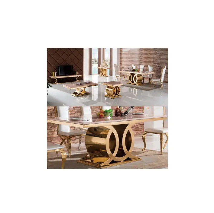 Conjunto de mesa dourada, decoração de luxo, moldura de aço inoxidável, retangular, mármore, conjunto para mesa de jantar em casa, casamento, top, bistro