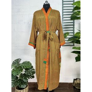 Boho House Vintage Silk Sari Dressing Gown Recycled <b>Robe</b> Kimono <b>Beach</b> Coverup Green Yellow Bridesmaid Anniversary Gift for Her - Product Image 1