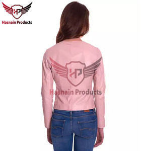 Chaqueta de cuero rosa auténtico para mujer, sin cuello, cuello redondo, de piel de oveja, con cremallera frontal, bolsillos laterales, corte ajustado, prendas de vestir personalizadas, nuevo estilo. - Product Image 5