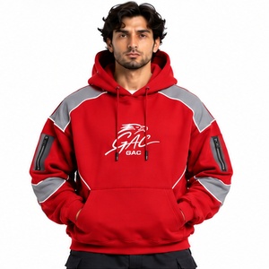 Mens Red Hoodie Grey Contrast Panels Washed <b>Fleece</b> <b>Zipper</b> Sleeve Pockets Adjustable Hood Drawstring Pullover Streetwear Custom - Product Image 1