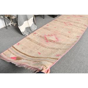 Large Area Bohemian Beige <b>Pink</b> <b>Wool</b> Kilim Rug Vintage Turkish 2.5x11.8ft Latex Backing Rectangle Patchwork for Hallway Room - Product Image 5