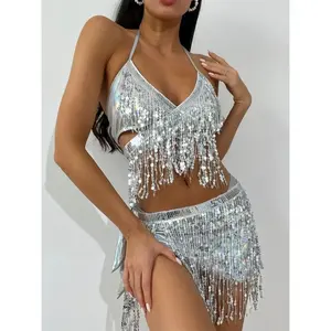 ชุดบิกินี่ 3 ชิ้น กระโปรงพู่ห้อย สไตล์ลำลอง ไซส์ XL ทรงหลวม ผ้าสแปนเด็กซ์ทอ ท่อนบนแบบผูกคอ กางเกงขาสั้น ลายพิมพ์คลับ - Product Image 1