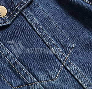 แจ็กเก็ตยีนส์สำหรับผู้ชายเสื้อแจ็กเก็ตผ้าคอตตอนสีฟ้าเข้มปักโลโก้ตามสั่ง - Product Image 2