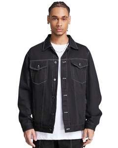 Veste en jean noire pour homme avec surpiqûres contrastées blanches, boutonnée, poches classiques, style streetwear décontracté - Product Image 1