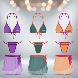 Women's 3 Piece <b>Bikini</b> Set Custom Logo Triangle Swimwear With <b>Skirt</b> - Product Image 2