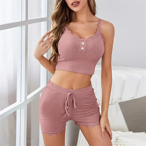 Gran oferta de conjuntos de mujer de Jacquard acanalado de verano, conjunto de ropa informal, pijamas de mujer y pantalones con tirantes de encaje Sexy, conjunto de 2 piezas para mujer - Product Image 3