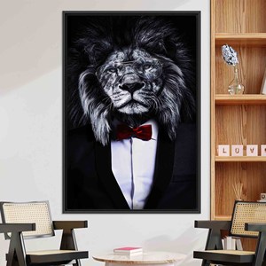 Lion in Suit Printed Canvas: Animal Wall Art, Elegant Man Cave Decor,BLACK <b>FRAMED</b> CANVAS - Product Image 1