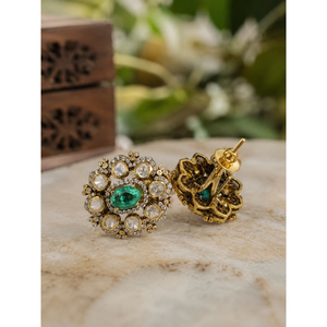 Antique <b>Emerald</b> Polki <b>Stud</b> <b>Earrings</b> in Rose White Yellow Gold with Diamond and Ruby - Product Image 4