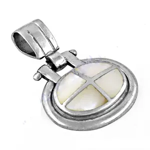 925 Silver Religious <b>Cross</b> <b>Pendant</b> With Mother Of Pearl Inlay Oval Shape Unisex Everyday Wear Jewelry - Product Image 1