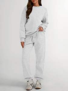 Conjunto de dos piezas de chándal con diseño de hombros caídos de alta calidad para mujer, ropa de calle personalizada, patrón sólido para invierno, venta al por mayor - Product Image 4