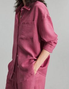 Chemise décontractée en pur coton à col ouvert et pantalon Self Design Chemise à manches longues avec palazzo - Product Image 2