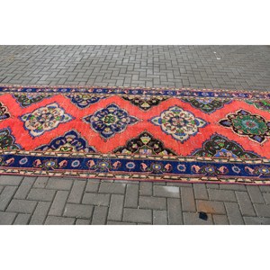 4.8x13 ft Vintage <b>Runner</b> Rug, <b>Red</b> Blue Turkish Persian Wool Rug - Product Image 3