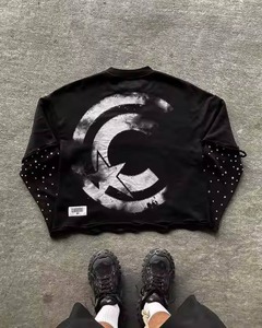 Personnalisé Surdimensionné Strass Sérigraphie T-Shirt Vintage Coton Hommes Double Couche À Manches Longues Broderie En Déchiré T-shirt - Product Image 2