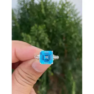 14k Yellow Gold for Swiss Blue Topaz <b>Ring</b> for <b>Men</b> Emerald Cut Invisible Setting for Engagement IGI Certified Gemstone Number - Product Image 1