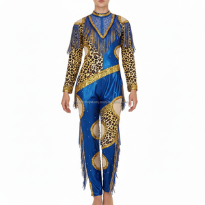 Dancewear <b>Blue</b> Shimmer Metallic Bodysuit Women's Full Length Performance Outfit with Mesh Cut-outs and Sequins - Product Image 1