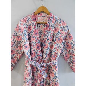 Peignoir Kimono matelassé en coton rose, robe bohème et Hippie, imprimé Floral à la main, manches longues - Product Image 3
