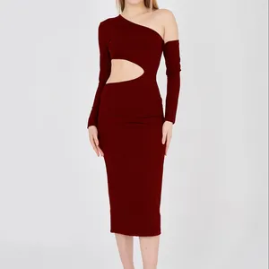 1 Shoulder Open Waist Low-cut Burgundy Dress Long Sleeve Burgundy Color Dress