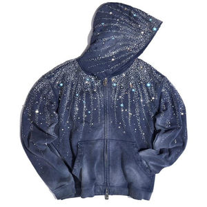 Sweat à capuche zippé orné de strass, 100% coton molletonné, pour une mode urbaine audacieuse, détails scintillants, confort décontracté, style décontracté remarquable - Product Image 3