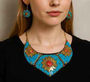 Collier ras du cou Rawat Handicrafts en laiton chrétien avec mosaïque géométrique NK-1662, chaîne à maillons faite à la main, turquoise, ethnique, pour femme - Product Image 1