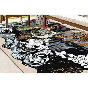 Alfombra Redonda Japonesa con Diseño de Tigre y Dragón: Estilo Utagawa Kuniyoshi, Antideslizante, con Pelo Suave - Product Image 3
