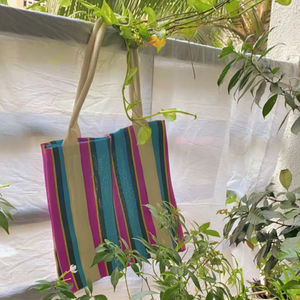 Sac à provisions en nylon à fermeture éclair réutilisable écologique personnalisé sacs de plage en plastique recyclé tissé à la main à rayures fabriqués en Inde - Product Image 2