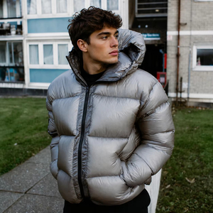 Custom <b>Silver</b> Men's Hooded Bomber Puffer <b>Jacket</b> Windproof Waterproof Shiny Coated Wool/Polyester Sleeve Pocket Winter Outdoor - Product Image 2