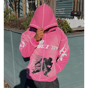 Sun Faded Acid Wash Zip Up Hoodie Mens 500GSM Heavyweight Streetwear avec sérigraphie et couture à l'aiguille - Product Image 1