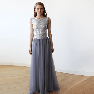 Vestido Maxi de Tul con Lentejuelas Plateadas y Grises, Corte en A, Sin Mangas, Espalda Descubierta y Cintura Natural, en Oferta a 1099 - Product Image 3