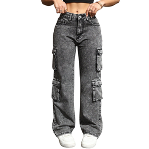 Jean cargo décontracté pour femme, taille mi-haute, coupe régulière, en denim délavé, 100% coton, respirant, séchage rapide, style streetwear uni - Product Image 1