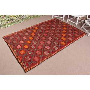 พรมวินเทจตุรกี ขนาด 5.6x8.3 ฟุต (170x253 ซม.) พรมคิลิมลายพรางสีแดง - Product Image 2