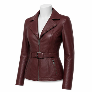 Luxury Women <b>Burgundy</b> <b>Leather</b> Belted <b>Jacket</b> Tailored Slim Fit Asymmetric Zip Notch Lapel Elegant Urban Fashion Custom Outerwear - Product Image 1