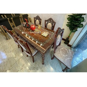 Table à manger 6 places avec finition en noyer, artisanat traditionnel, ensemble de Table à manger, modèle européen - Product Image 1