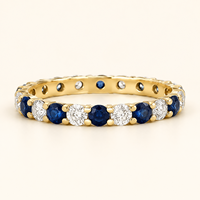 Bague d'éternité en saphir bleu et diamant de laboratoire, or jaune 10K, pierre ronde, alliance empilable, bijoux d'anniversaire