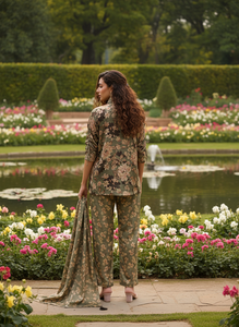 Ensemble coordonné élégant à imprimé floral pour femmes, kurta ethnique contemporain à coupe asymétrique, pantalon assorti, écharpe, tenue de soirée, polyester, séchage rapide - Product Image 2