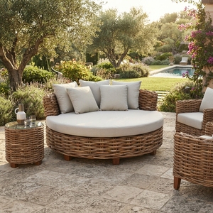 Sofá Circular de Ratán para Exteriores con Estructura de Madera de Caoba, Ratán Natural y Cojín Crema Daphnie, Diseño Artístico - Product Image 5