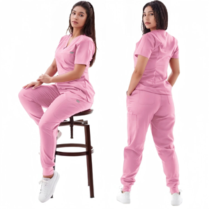 Conjunto de Uniforme Médico Personalizado Unisex de Poliéster/Rayón, Estilo Jogger, con Blusa de Manga Corta y Cuello en V con Bolsillo - Product Image 3