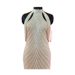 ชุดราตรีผ้าฝ้ายทรงเอไลน์หรูหราสำหรับผู้หญิงไซส์พลัส ผ่าหน้า ประดับลูกปัดด้วยมือ ช่วงเอวธรรมชาติ ชุดออกงาน - Product Image 6