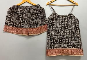 ชุด2ชิ้นสำหรับผู้หญิงฤดูร้อนทำด้วยมือผ้าพันคอ bagru เสื้อถักคอตตอนพิมพ์เสื้อกล้ามกางเกงขาสั้นชายหาดปกคอวี - Product Image 6