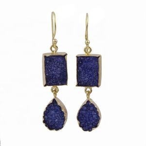 Boucles d'oreilles en pierre précieuse Druzy bleu élégant fait à la main plaqué or crochet Style Double Druzy bijoux bijoux de mode - Product Image 1