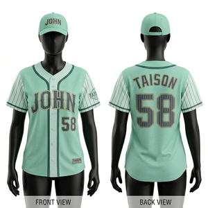 เสื้อเบสบอลหญิง พรีเมียม 180 GSM ผ้าโพลีเอสเตอร์ตาข่ายระบายอากาศ สีเขียวมิ้นท์ แถบลายทางที่แขนเสื้อ ปักโลโก้ตามสั่ง - Product Image 1
