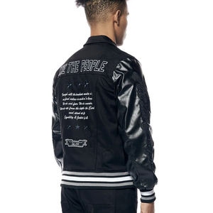 Chaqueta Varsity Negra para Hombre, Mangas de Cuero Sintético, Logotipo Bordado, Cuello Camisero, Estilo Preppy, Corte Regular, Otoño - Product Image 4