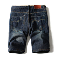 Pantalones Cortos Bermuda de Mezclilla Azul Oscuro para Hombre, Rotos, Lavados, de Algodón, Estilo Casual, Cintura Media, con Botones