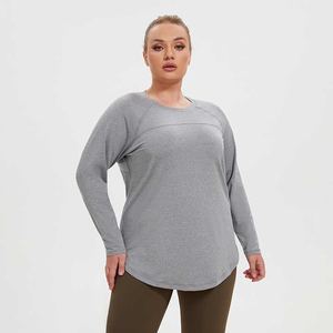 Top de Yoga de manga larga que absorbe la humedad de talla grande para mujer, nueva malla de retazos, diseño de dobladillo curvo, Top deportivo transpirable para Fitness - Product Image 1