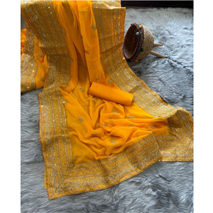 Designer indien broderie travail Georgette Saree avec chemisier en soie brute pièce douce Georgette Sarees pour les femmes mariage et fête - Product Image 1