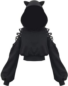 Mujeres sudaderas con capucha de orejas de gato Crop Top Sudadera con capucha con cordones de manga larga primavera otoño - Product Image 6