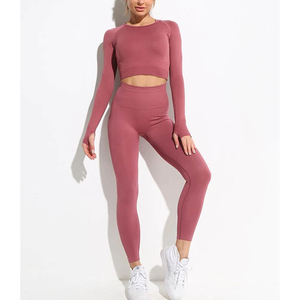 Conjunto de yoga personalizado de cintura alta para mujer, cuello redondo, top de manga larga con pantalones ajustados, conjunto de Yoga de dos piezas para mujer - Product Image 1