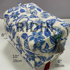 Hand Block Printed Blue & <b>White</b> Cotton Quilted Zipper <b>Bag</b>, Reusable Custom Printed Travel Toiletry <b>Bag</b>, Grocery Market Tote <b>Bag</b> - Product Image 2