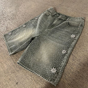 Short en jean avec strass croisés pour hommes et femmes Joggers Harajuku Hip Hop Baggy Short de sport taille basse Short pour homme - Product Image 6