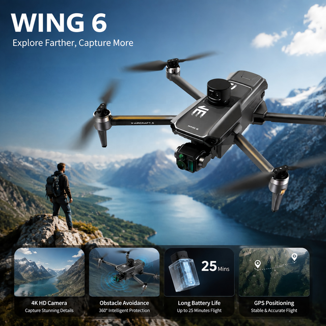 Wing6 Camera 3-axis Gimbal 20min Flight 5km Range Professional Aerial Photography Rc Drone for Professional Photography