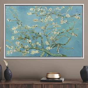 Elegante cuadro impreso en lienzo de Van Gogh con ramas florecientes de árboles de almendro, lienzo con marco blanco - Product Image 1